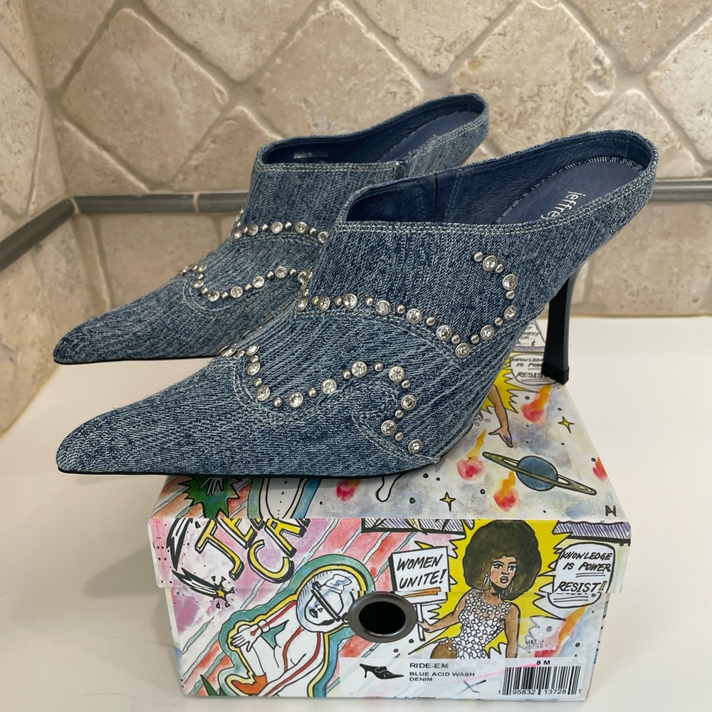 Denim Western Embellished Mules by Jeffrey Campbell Size 8, 3.5 inches heel NWOT